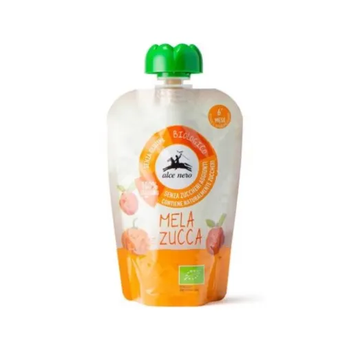 Био Детско Плодово Пюре от Ябълки и Тиква Пауч, 100g, Alce Nero